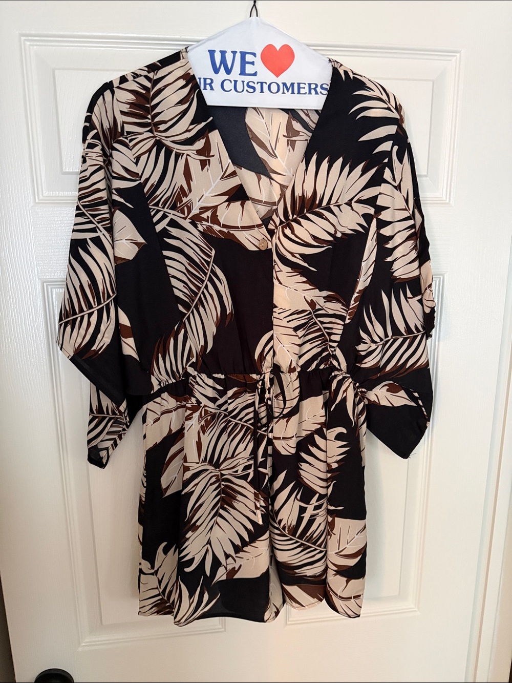 Tropical Leaf Print Kimono Romper in Black & Beige